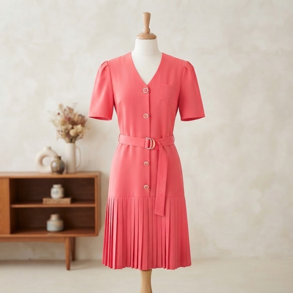 Vintage 80s/90s Hot Pink Pleated Secretary Dress w/ Belt | Functionals Canada